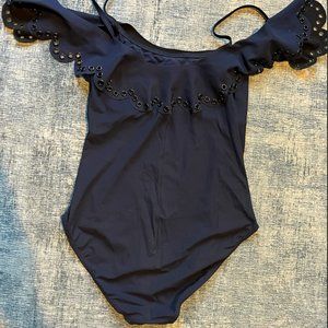 Karla Colletto Off The Shoulder Navy Ruffle One-Piece With Straps and Gromets